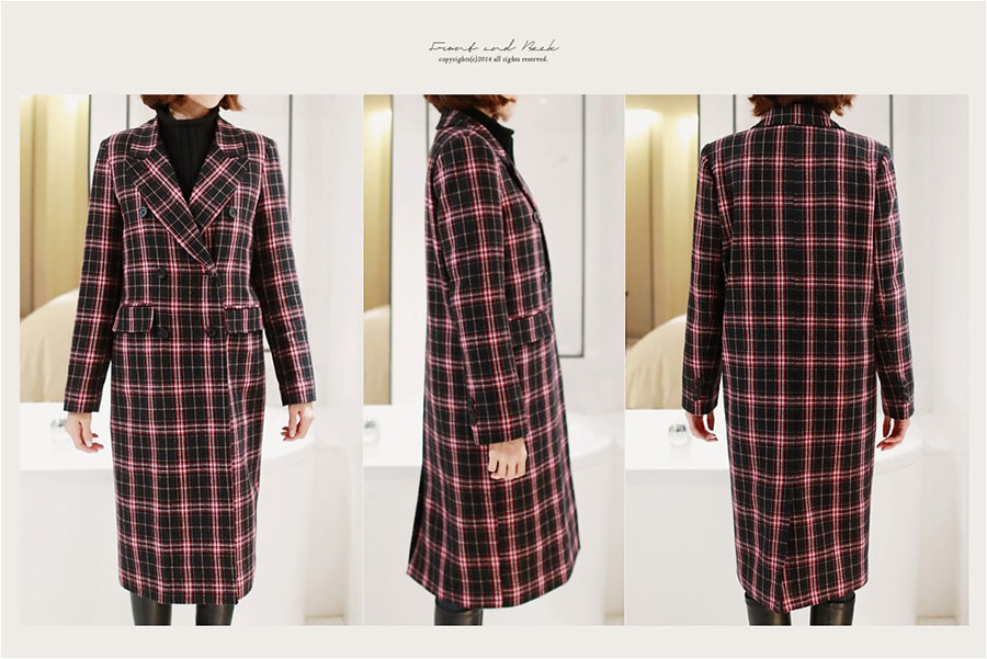Checked Double-Breasted Wool-Blend Long Coat With Quilted Lining #Black&amp;Pink One Size(S-M) [free shipping]