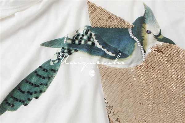 Bird Printed Handmade Beaded Sequined Short Sleeve T-Shirt for Women Girls L
