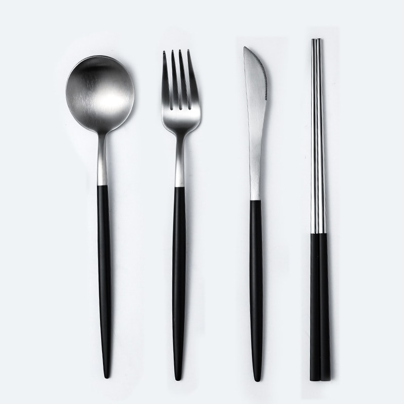 【中国直邮】西餐餐具套装 304不锈钢 牛排餐具 刀叉勺+筷 黑银4件套