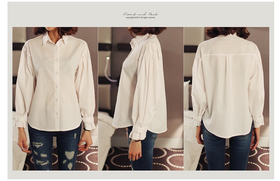 KOREA Puff Sleeve Button Blouse Shirts Ivory One Size(S-M) [Free Shipping]