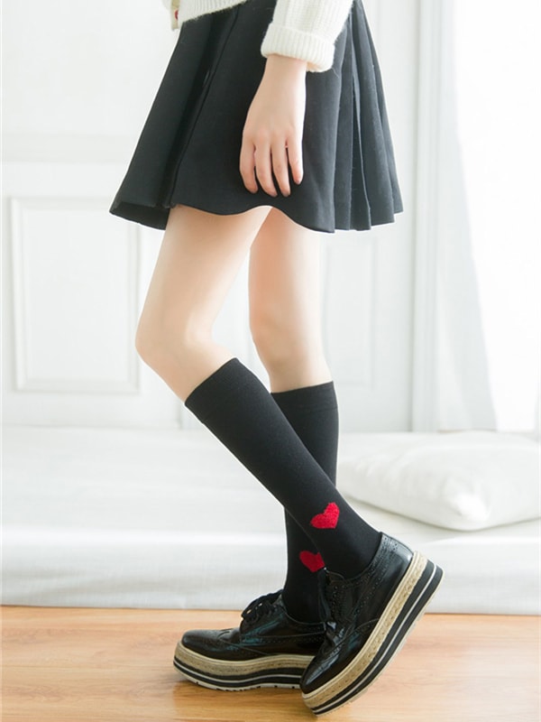 独角定制 爱心图案中筒袜女 日系棉质及膝袜学生袜 黑色 1双