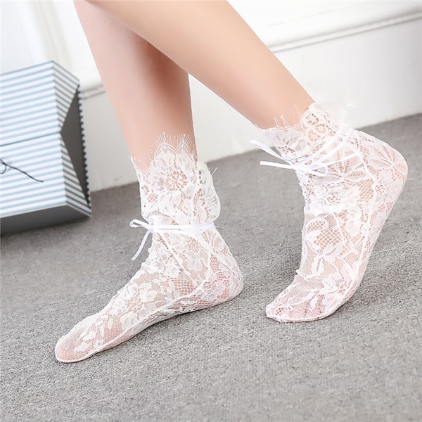 Girls Women Vintage Lace Socks Flower Hollow Mesh Socks Black & White Set 2 Pairs