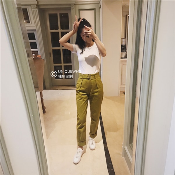 Women's High Waist Pure Cotton Loose Casual Trousers Pants with Belt Yellow-green L