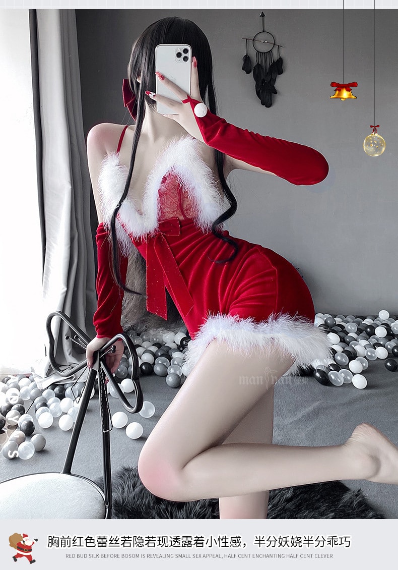 【中国直邮】曼烟 情趣内衣 性感蕾丝毛绒吊带睡裙 圣诞装套装  红色均码(不含发夹)