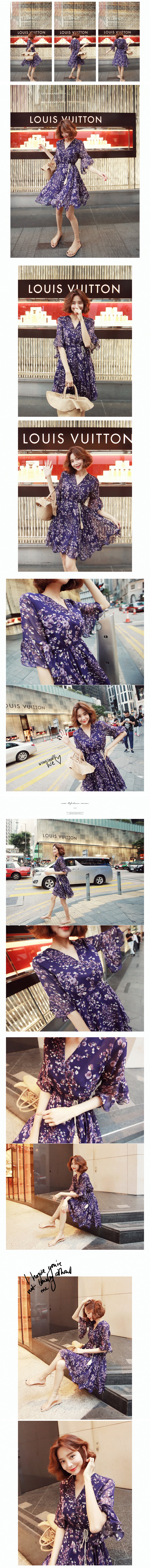 KOREA Floral Chiffon Wrap Dress #Purple One Size(S-M) [Free Shipping]