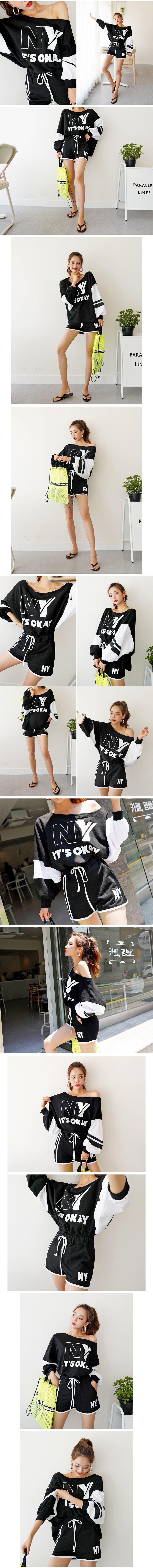 NY Sweatshirt+Ringer Shorts 2 Pieces Set #Black One Size(S-M)