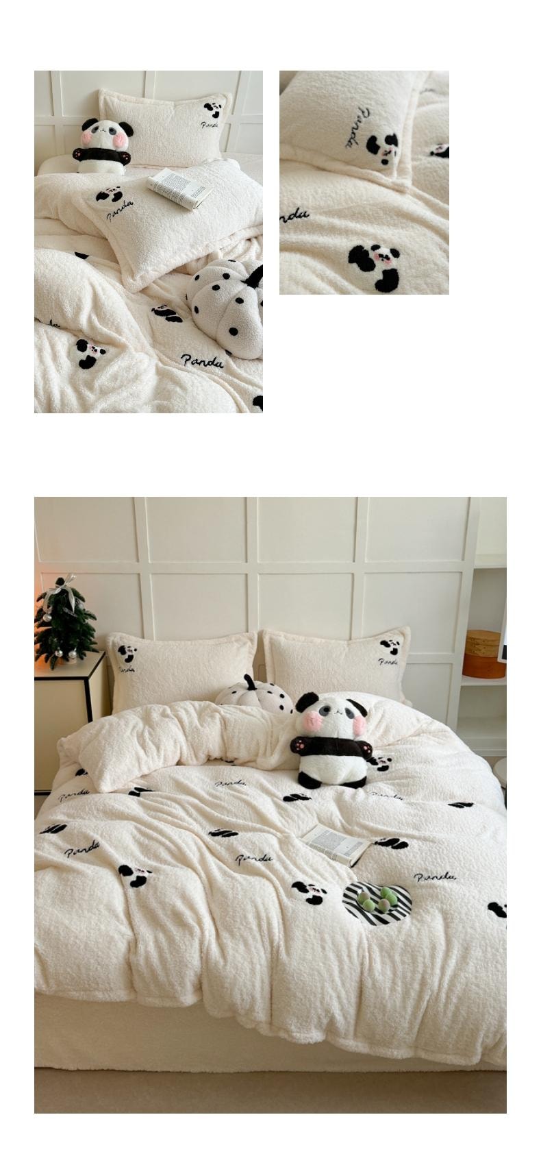 【中国直邮】Lullabuy云栖温梦牛奶绒床上三件套(床单*1+被套*1+枕套*1)Twin Size 熊猫-白