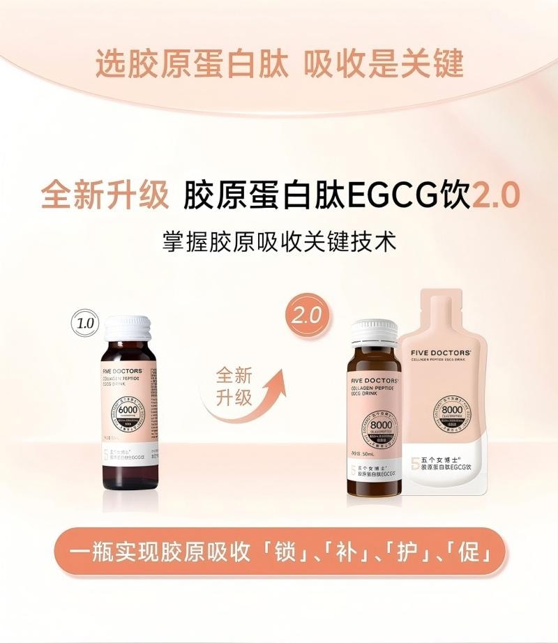五个女博士 【全球累计销量超4亿瓶】 胶原蛋白肽8000mgEGCG饮2.0新升级玻尿酸补水锁胶原蛋白抗皱熬夜垮脸救星口服液50ml*10瓶入
