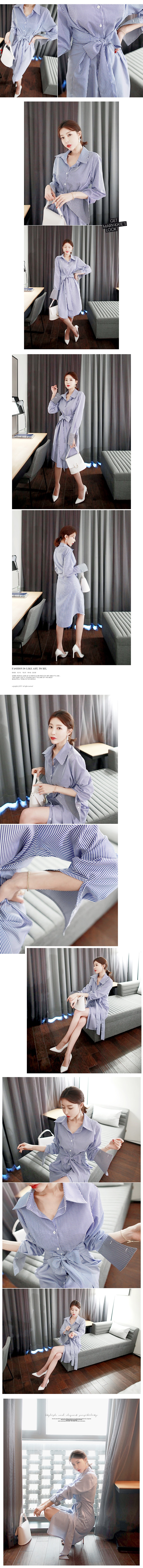 韩国正品 MAGZERO 竖条纹腰带衬衫式连身裙 #蓝色 均码(Free) [免费配送]