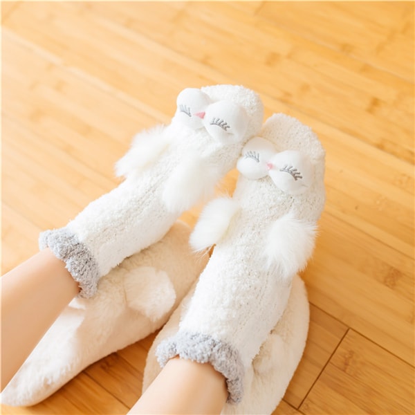 独角定制 家居地板袜睡眠袜女 可爱动物兔子加厚防滑袜子 白色 1双
