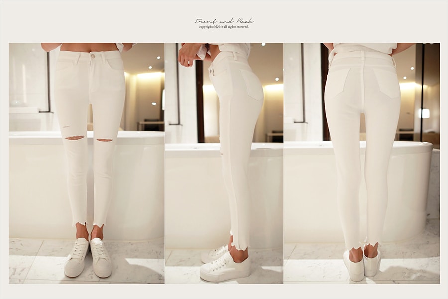KOREA Frayed-Hem Destroyed Ankle Skinny Jeans #White M(27-28) [Free Shipping]