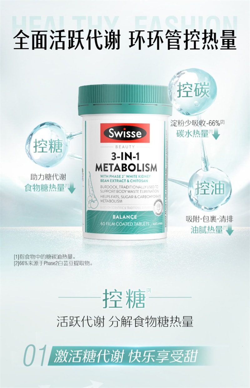 【中國直郵】Swisse斯維詩 阻斷碳水脂肪控製糖阻油燃脂片非白芸豆阻斷劑大餐救星吃油丸 60片/瓶