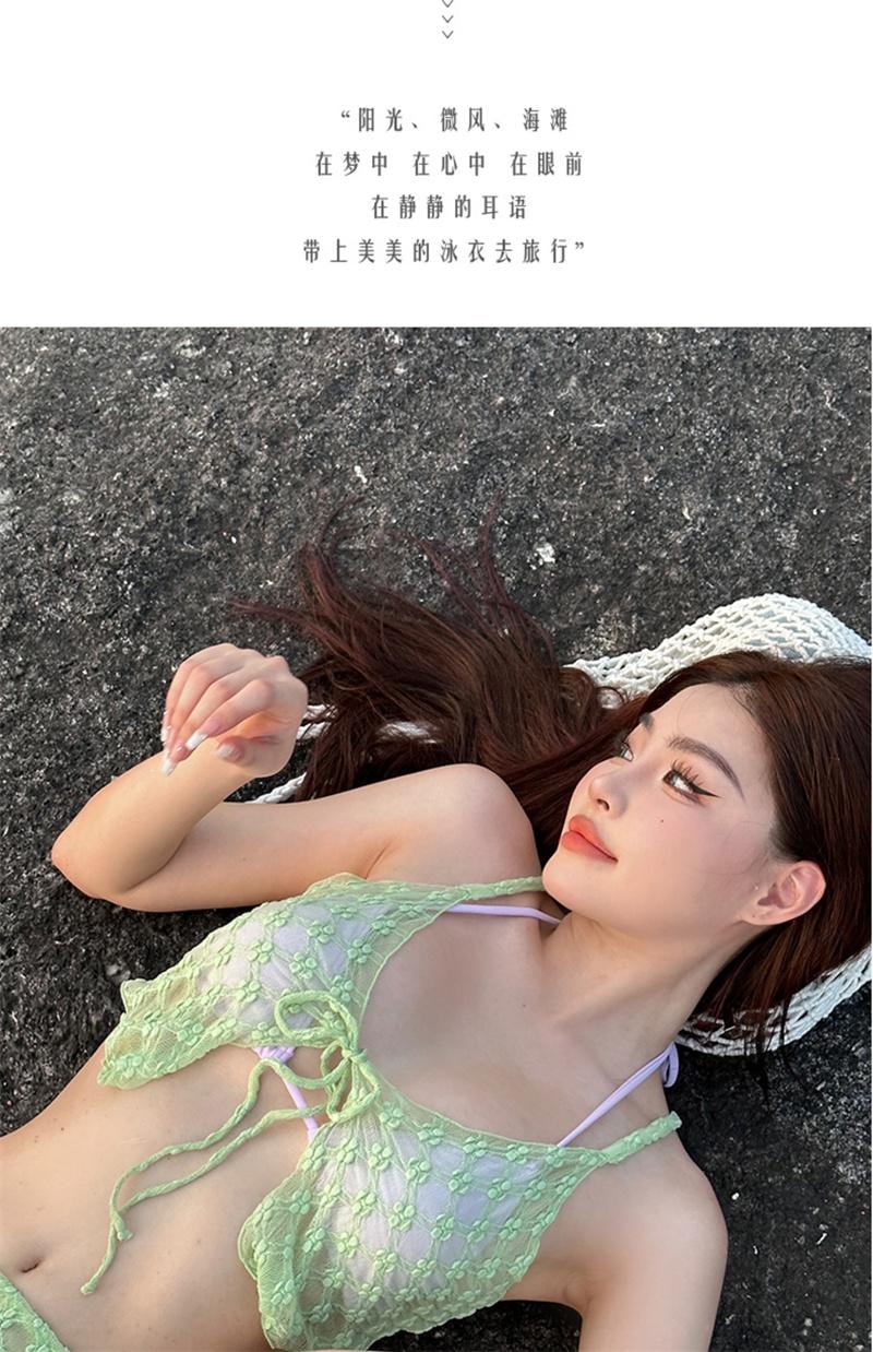 【中国直邮】 亲太太 比基尼辣妹纯欲风蕾丝四件套显瘦遮肚性感 绿+紫 S(建议75-90斤)