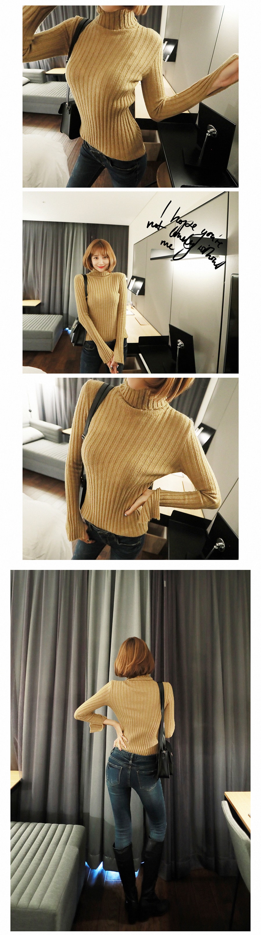 KOREA Turtleneck Bell Sleeve Ribbed Knit Top Beige One Size(S-M) [Free Shipping]