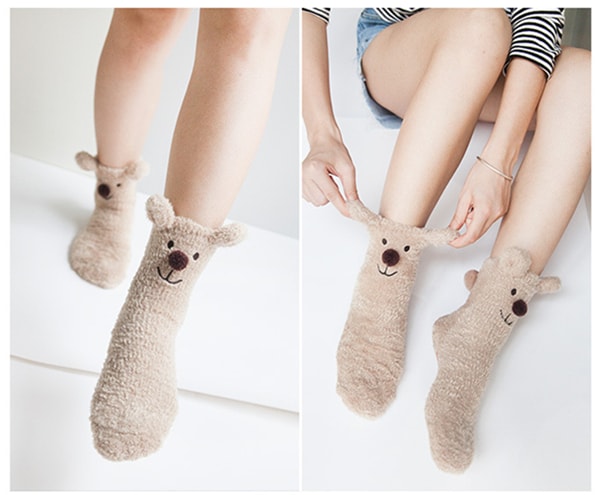 独角定制 家居地板袜睡眠袜女 可爱动物熊加厚保暖防滑袜子 1双
