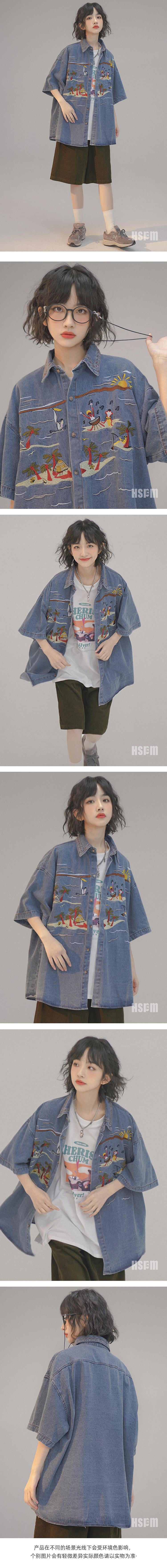 【中國直郵】 HSPM 新款復古刺繡休閒襯衫外套 藍色 M
