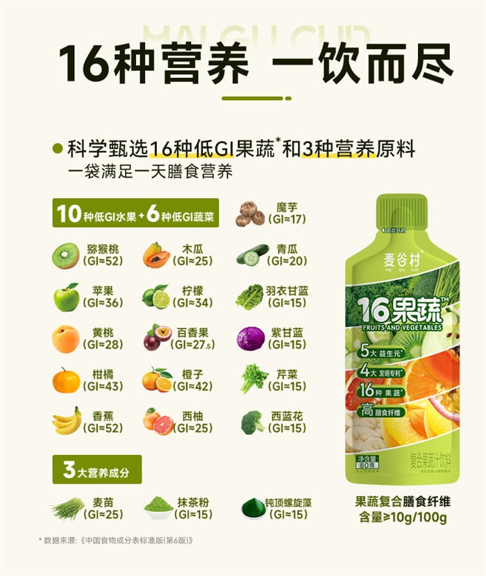 【中國直郵】麥谷村 16果蔬液體沙拉 0脂nfc原料蔬果汁膳食纖維輕液斷代餐主食 80g/袋