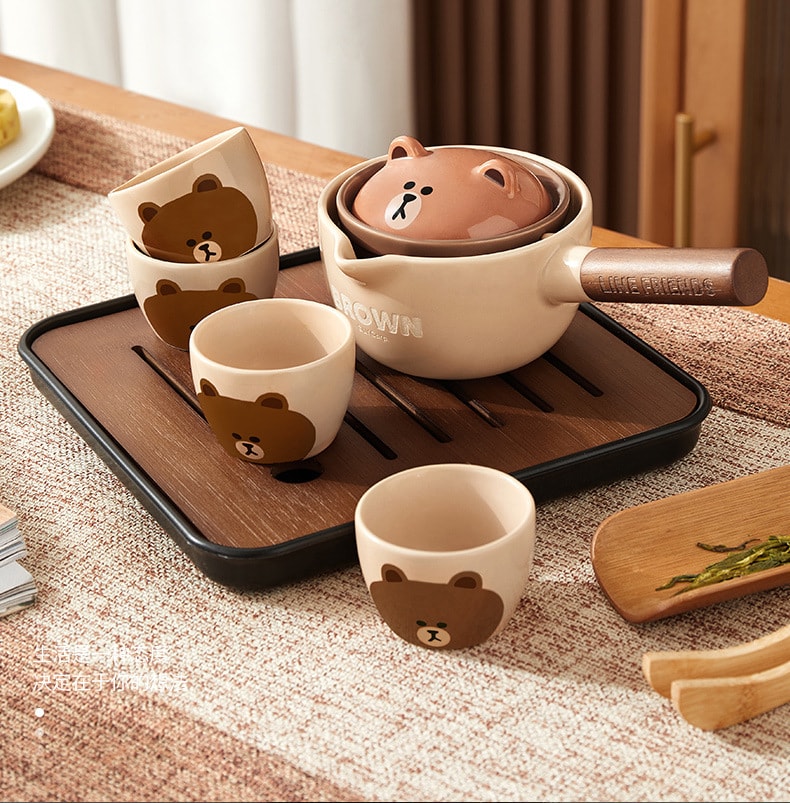 【中国直邮】LINE FRIENDS  布朗熊功夫茶具套装便携旅行陶瓷茶壶茶杯一整套泡茶家用茶具礼盒   套装