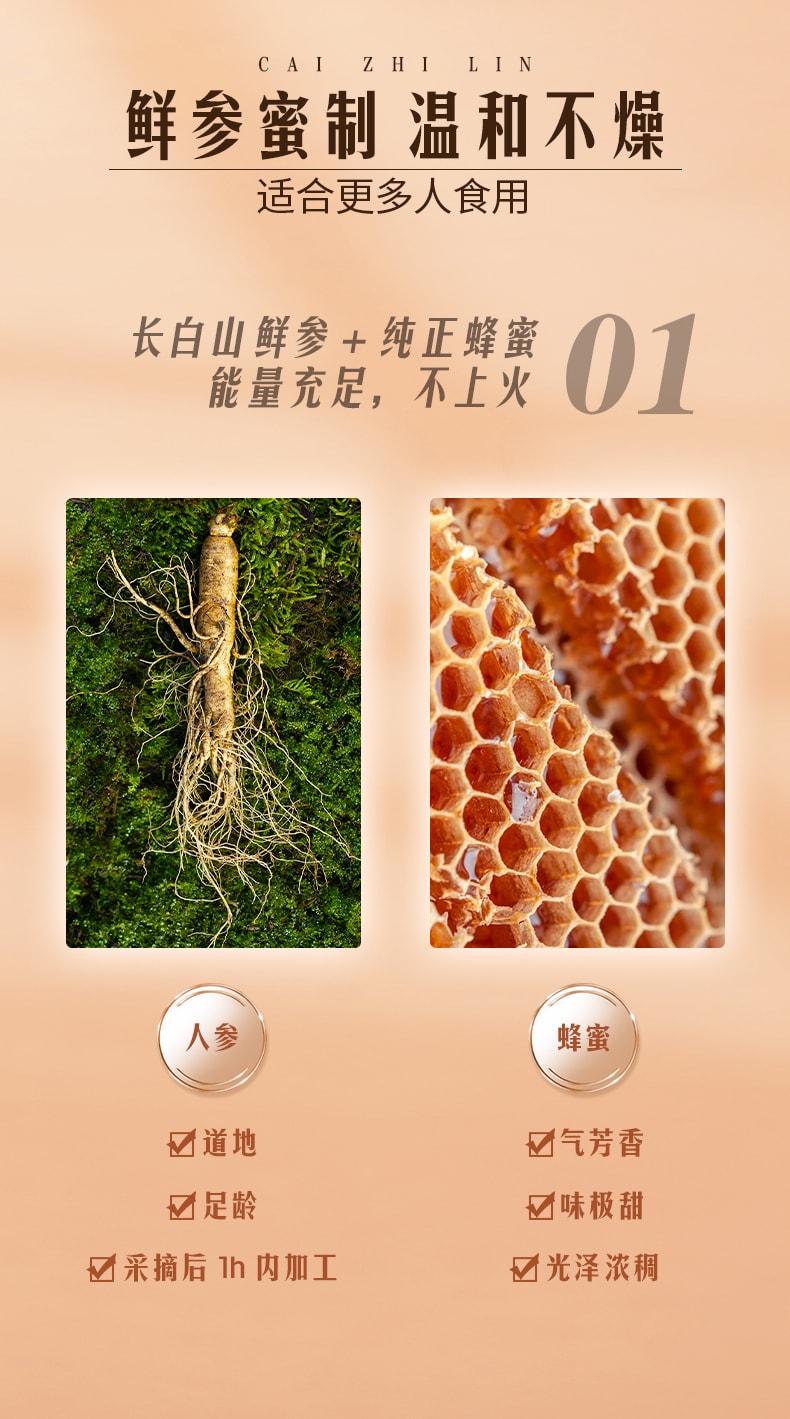 采芝林 蜜制鲜人参段 罐装60g/12包 0添加健康零食 补气滋补元气人参蜜片 即食鲜人参