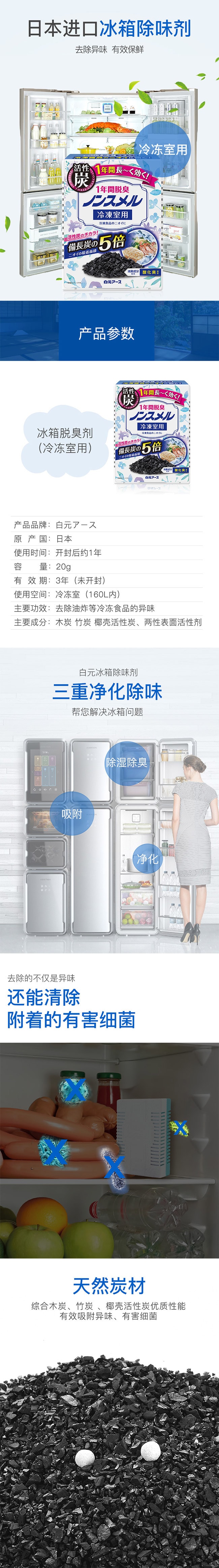 【日本直郵】白元 5倍活性碳冰箱除味劑 1年除臭 冷凍專用 20g