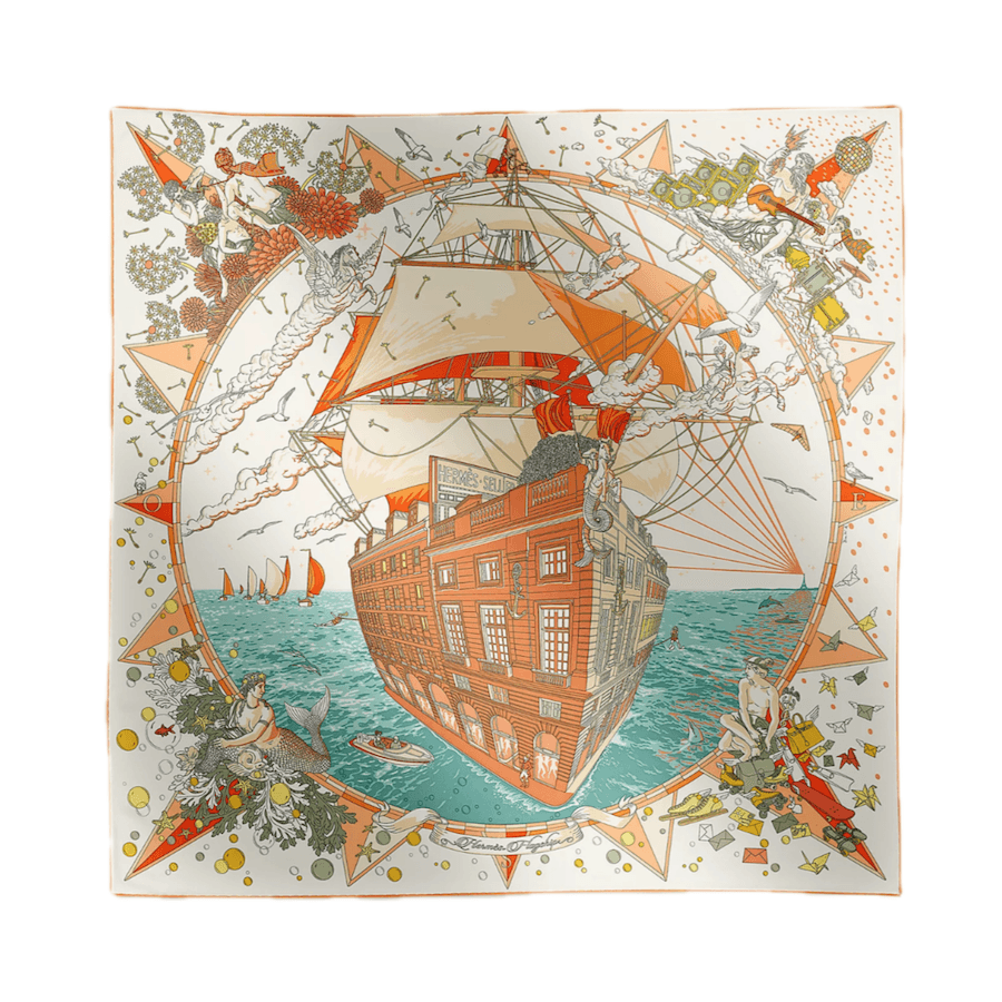 [Direct Mail From Japan] HERMES Hermès "Paradise Of Curiosities" Twilly Scarf Lightblack / Beige / Multi-color Stitching