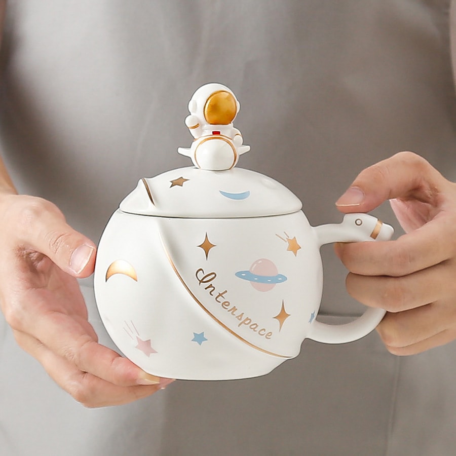 【新年送好礼】 火箭星球马克杯 创意太空宇航员水杯 大容量咖啡杯陶瓷杯子 礼盒装 粉色 1套