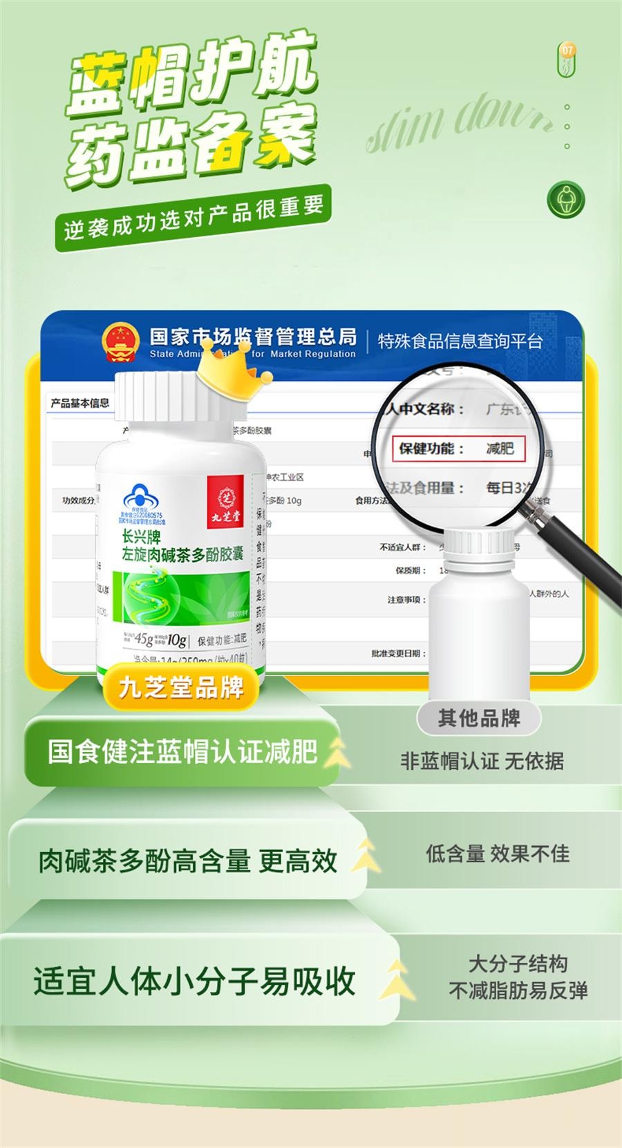 【中國直郵】 九芝堂 長興牌左旋肉鹼茶多酚膠囊 減肥排油燃脂瘦身肚子大肚腩減小腹神器左旋肉鹼40粒/瓶