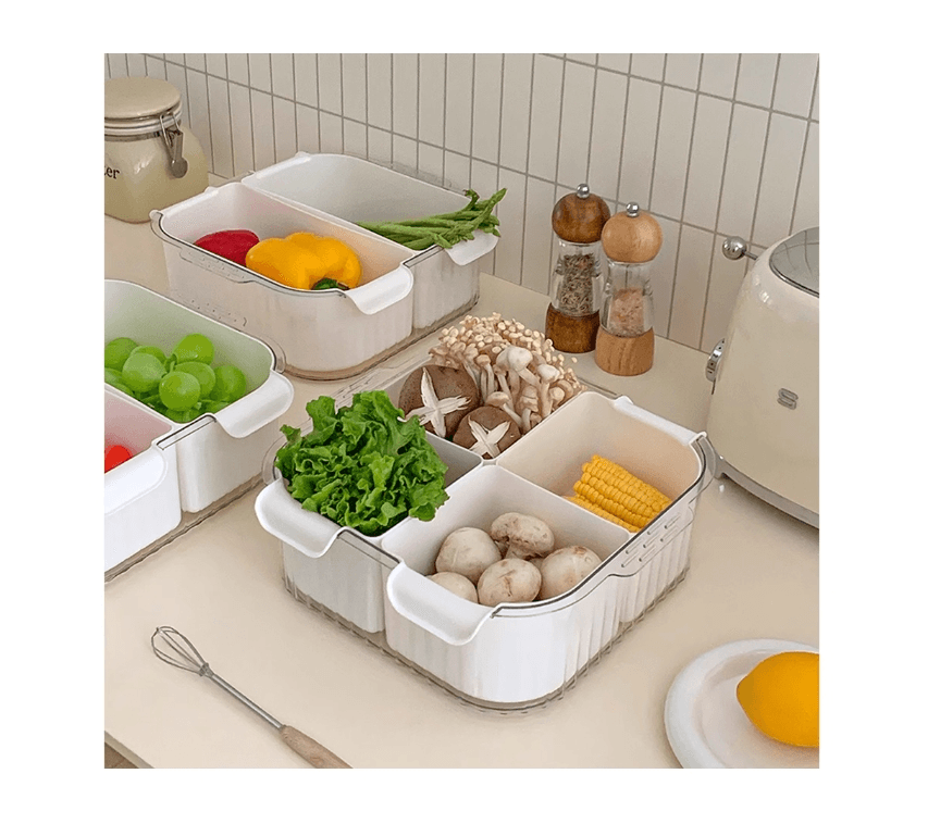 双层厨房火锅备菜盘食品级分格沥水收纳盒洗菜家用多功能沥水篮#白色四格一件入