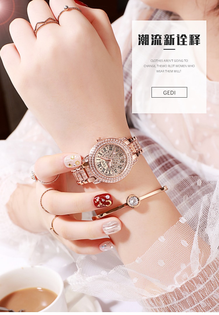 中國直郵 歌迪GEDI 抖音熱賣手錶女士鑲鑽ins網紅女錶鋼帶滿天星 玫瑰金