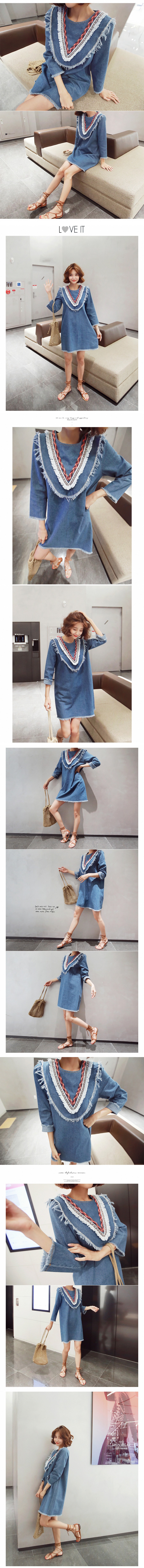 [KOREA] Ethnic Denim Dress #Mid-Blue One Size(S-M) [免费配送]