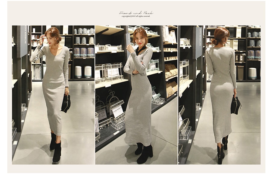 KOREA Rib Bodycon Long Dress Grey One Size(S-M) [Free Shipping]