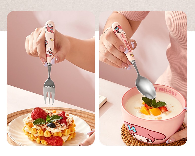 【中国直邮】三丽鸥  不锈钢勺子叉子家用汤匙喝汤可爱甜品勺餐具套装  美乐蒂