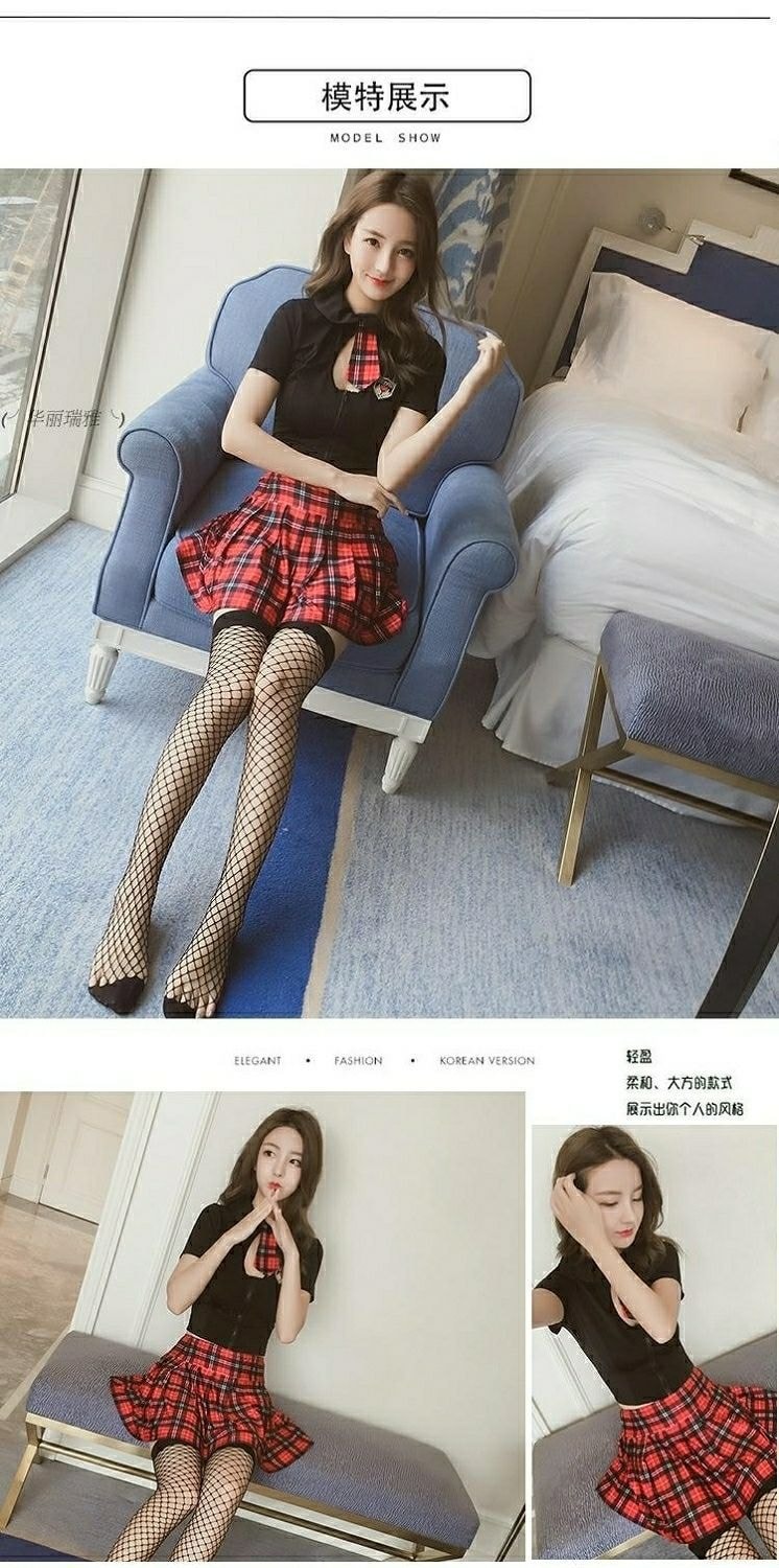 【中国直邮】  新品性感情趣内衣大码女学生服短裙学生套装   黑色+网袜均码