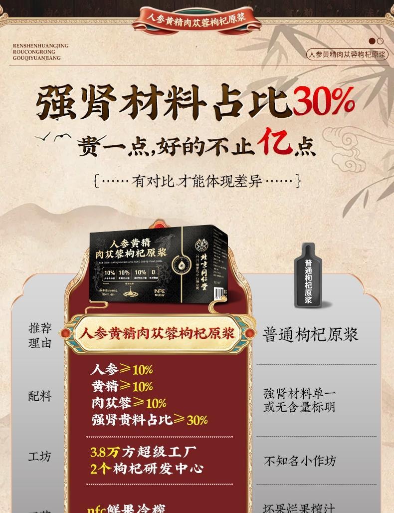 【中国直邮】 北京同仁堂 人参黄精肉苁蓉枸杞原浆30ml*10袋/盒 宁夏头茬鲜枸杞男士强性肾饮品补精熬夜