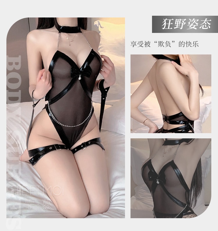 【中国直邮】霏慕 哑光皮拼网纱情趣束缚套装情趣内衣床上激情衣服(不含袜)