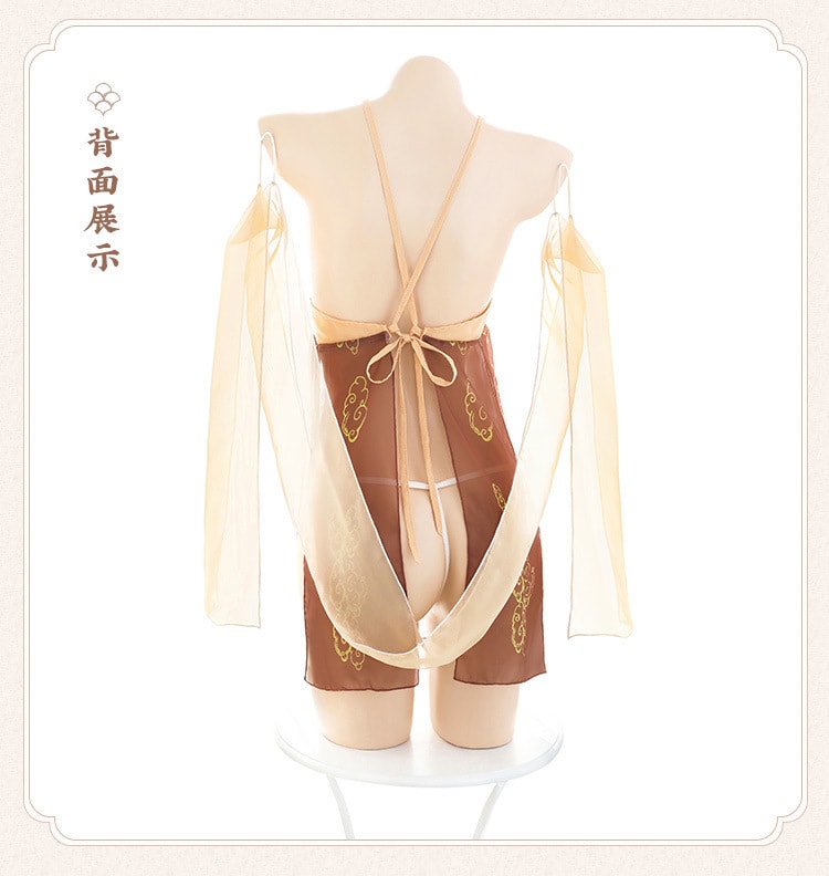 【中国直邮】霏慕 古风汉服 流苏唐风披帛纱裙套装 黄棕【披帛+T裤】