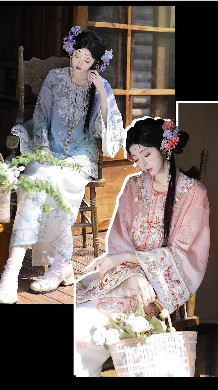 【中国直邮】 FOXTAIL 重工刺绣新中式国风汉服 清汉 女印花 渐变 套装 复古  -蓝色 M码 1套