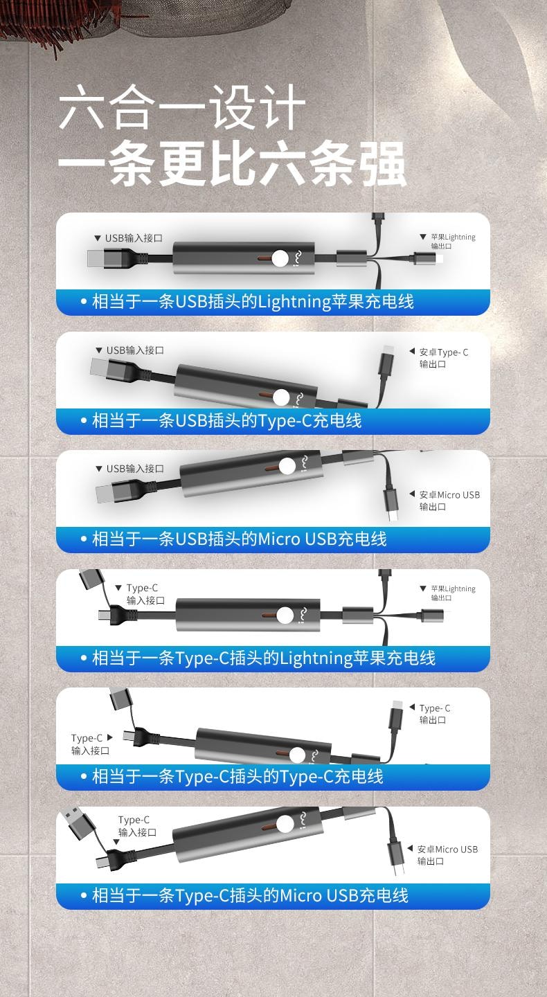 幻响 六合一快充数据线 金属收纳设计 灰色 1条