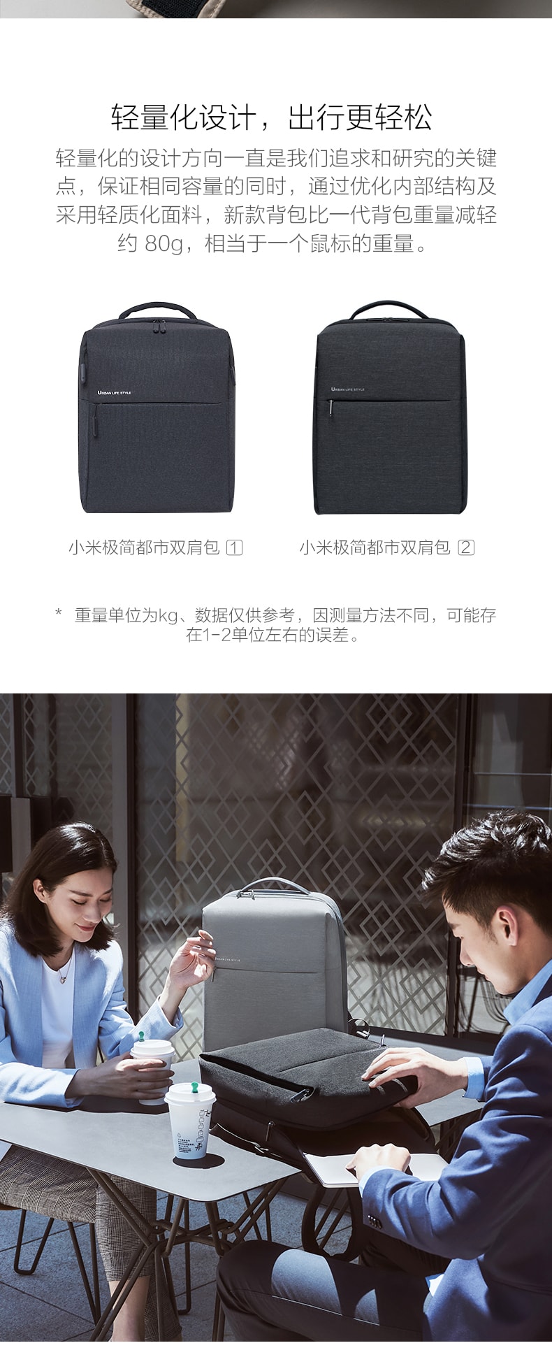 缺貨[中國直郵]小米 MI 極簡都會雙肩背包系列2 休閒包電腦包 可容納15.6吋電腦耐磨防水 淺灰色 單裝