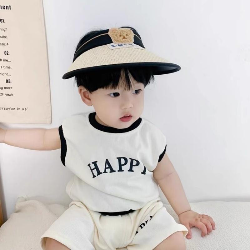 【中國直郵】 親太太 兒童帽夏季小熊草編太陽帽大簷防紫外線遮陽帽 米色均碼 1個