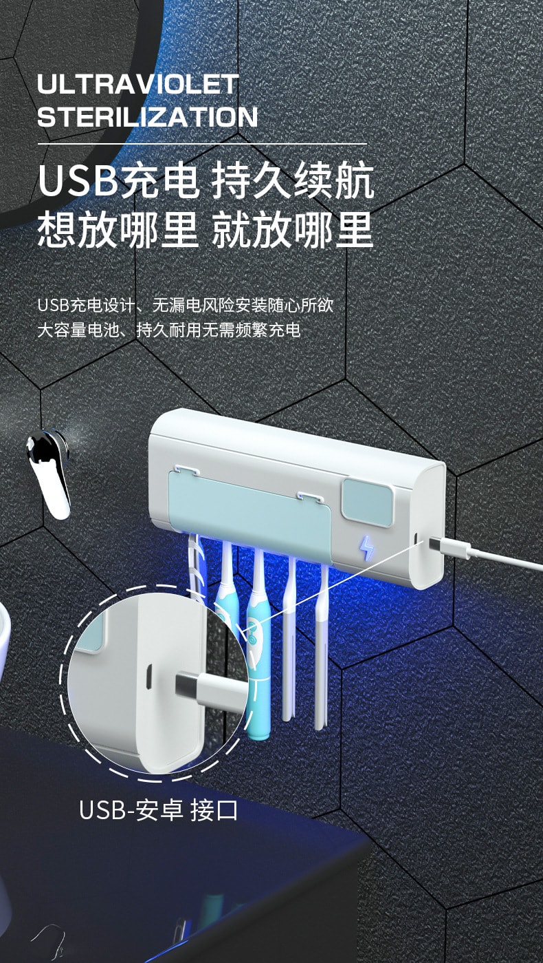 【中國直郵】飛核 UVC紫外線消毒免打孔掛壁式牙刷架 RND-01 藍色