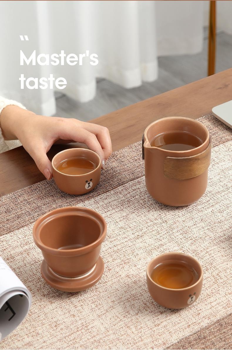 【中国直邮】 LINE FRIENDS  陶瓷便携茶具一壶二杯功夫套轻便装快客杯户外旅行包 CONY款
