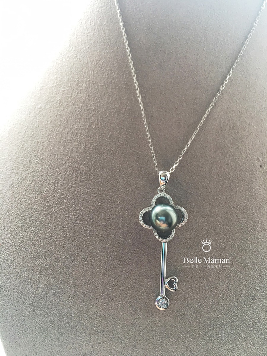 BELLE MAMAN大溪地海水珍珠锆石钥匙吊坠项链 高级珠宝首饰 18k金 礼物