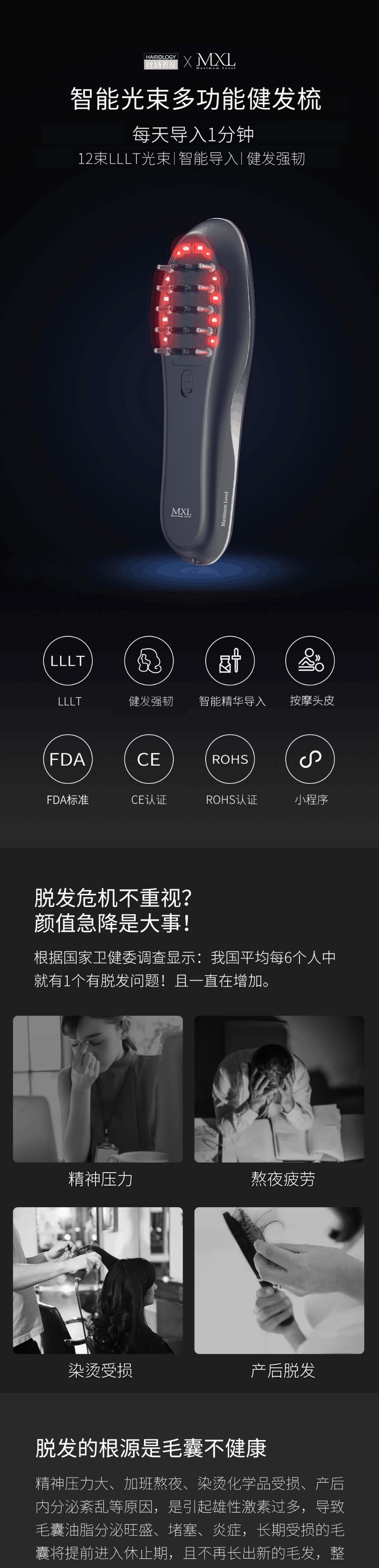 【中国直邮】小米有品 MXL智能多功能健发梳 曜石黑 智能光束多功能健发梳
