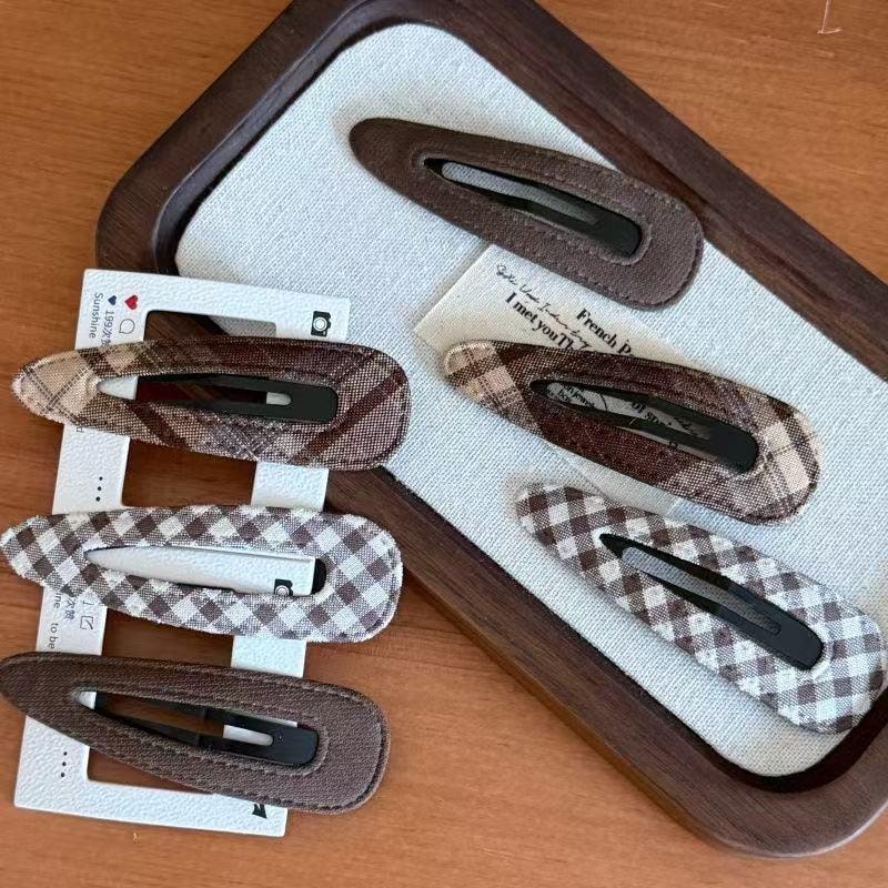 甄选好物 3个装韩版时尚甜美少女心咖色格纹布艺水滴BB夹简约百搭 3个