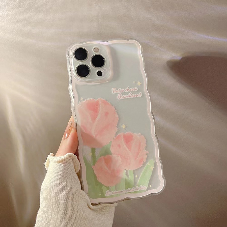 欣月 蘋果矽膠手機殼 相機孔加高保護側邊按鍵獨立設計保護套 Iphone12 Pro Max 透明粉紅荷蘭花