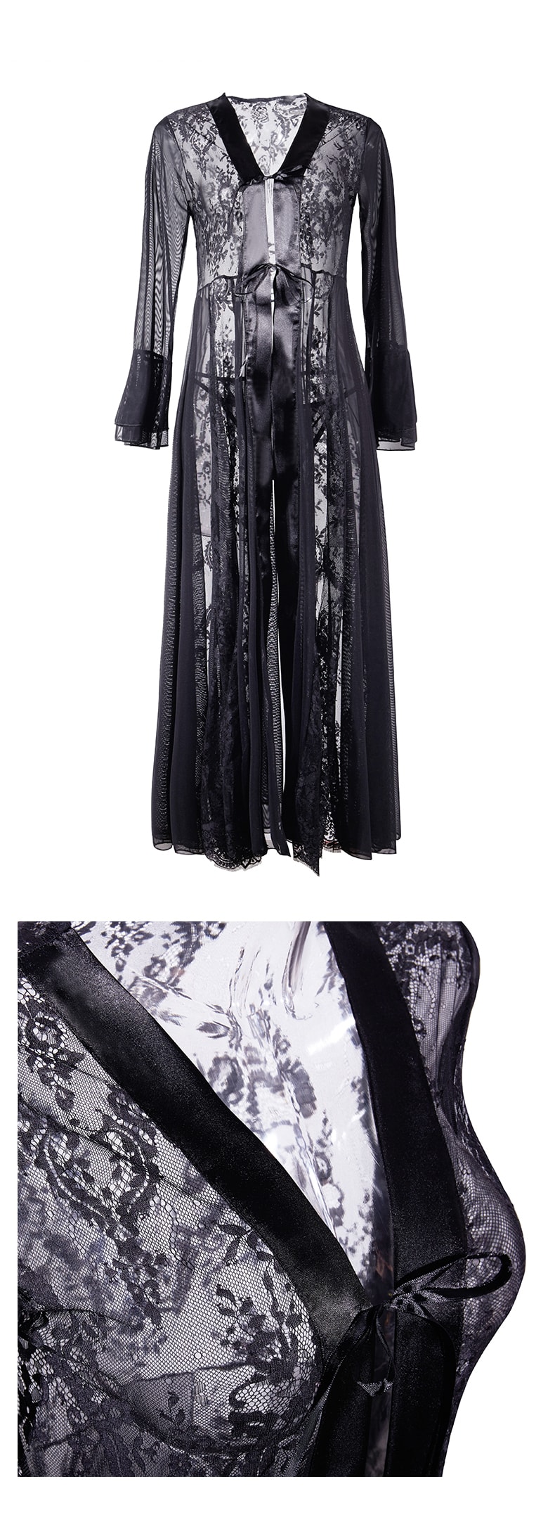 Light and full lace openwork split skirt pajamas. Black M code