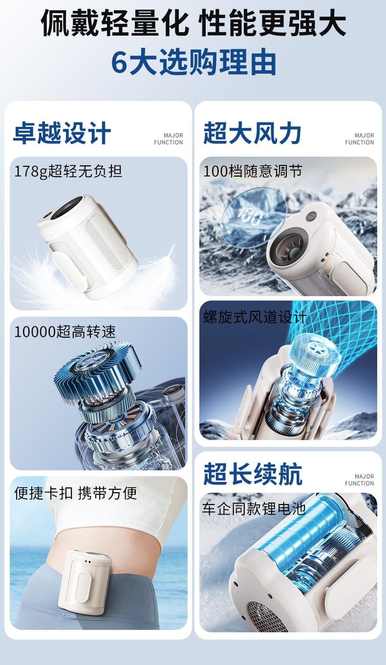 【便携夹腰长续航】ZAIWAN 在玩挂腰风扇随身便携式夹腰间消暑降温神器usb充电   BP1185-米白色(1件)