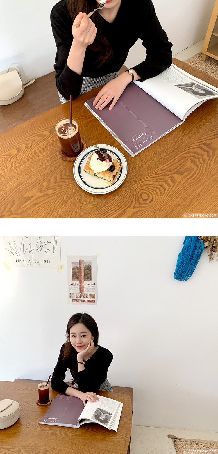【韩国直邮】CHERRYKOKO 纯色修身V领舒适基础薄款长袖针织衫 黑色 均码