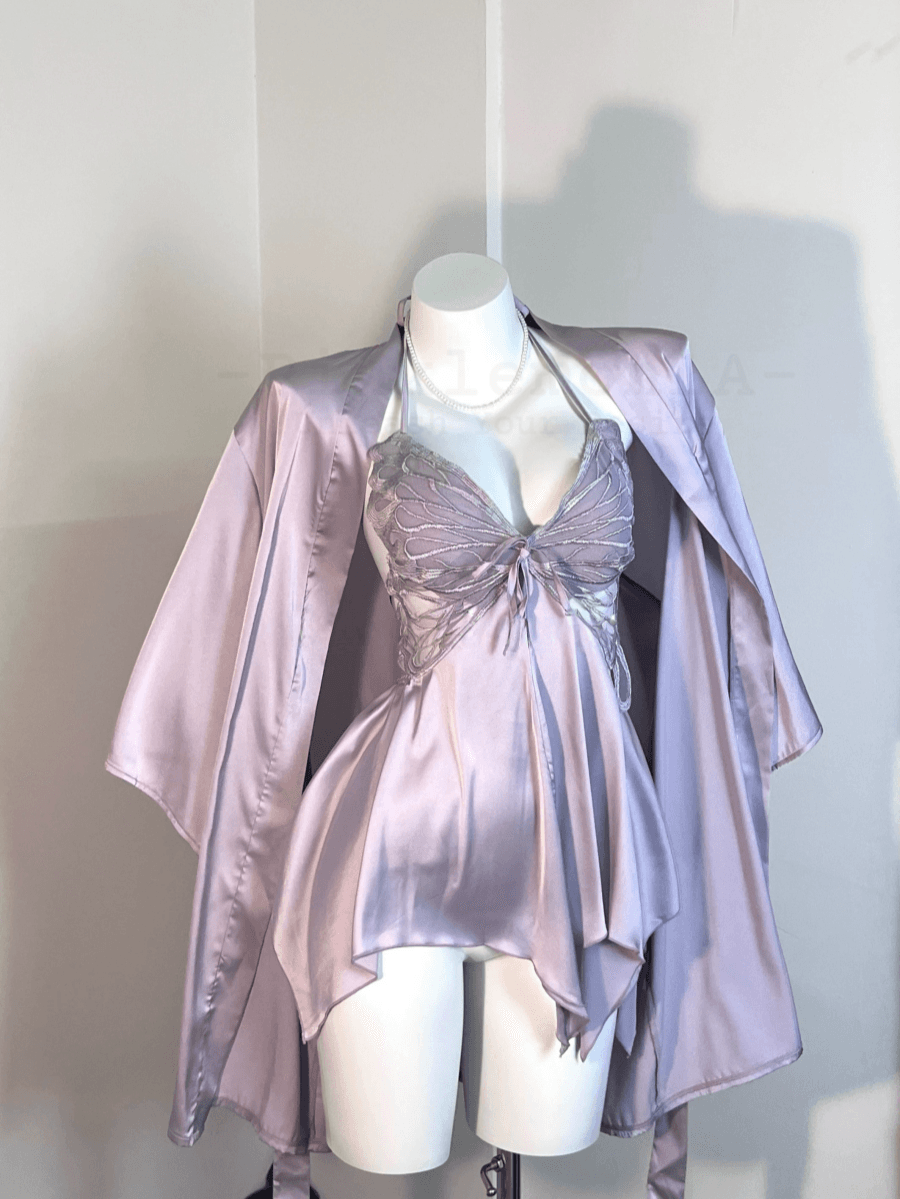 French-Inspired Butterfly Lace Satin Nightdress Set with Robe – Elegant Lavender Gray